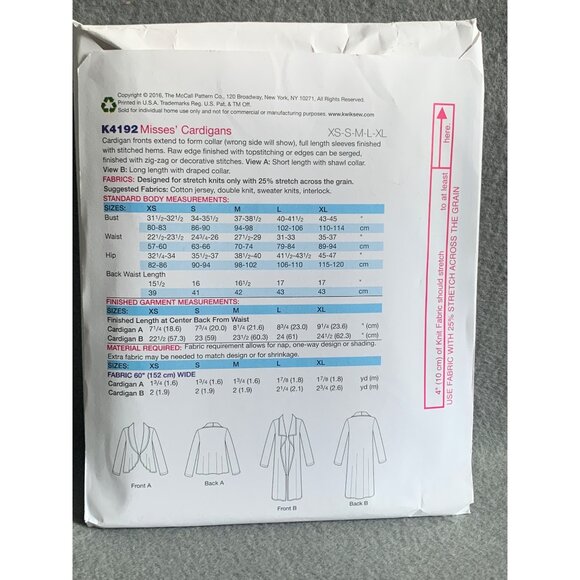 Kwik Sewing Pattern K4192 Misses Cardigans XS-XL uncut - Picture 2 of 2